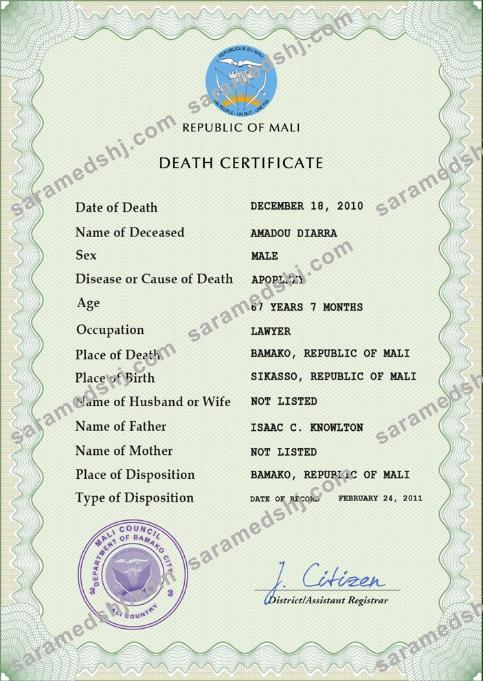 Mali death certificate PSD template